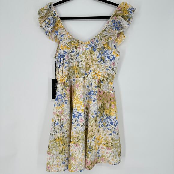 Wildfox Blair Deep V Ruffle Shoulder Painted Flower Fields Womens Mini Dress New - Picture 2 of 11